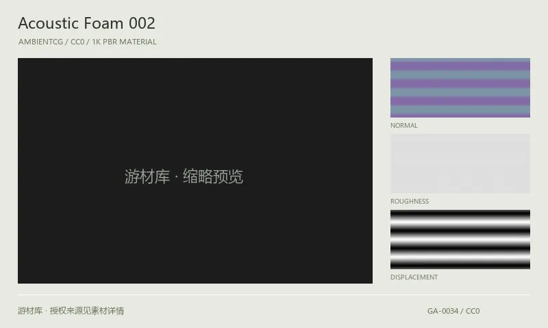 表面材质 · AcousticFoam002：表面表面的 1K PBR 贴图集。使用原始材质包中的颜色、法线等贴图，在游戏引擎中按各贴图用途配置。
