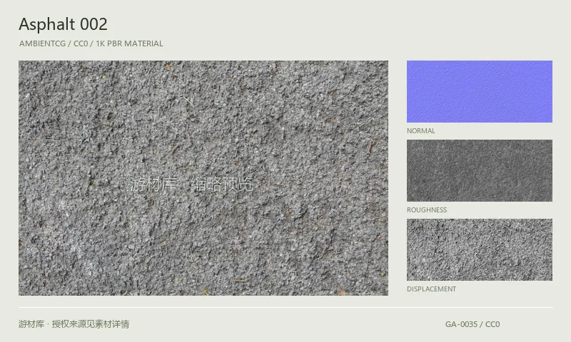 沥青材质 · Asphalt002：沥青表面的 1K PBR 贴图集。使用原始材质包中的颜色、法线等贴图，在游戏引擎中按各贴图用途配置。