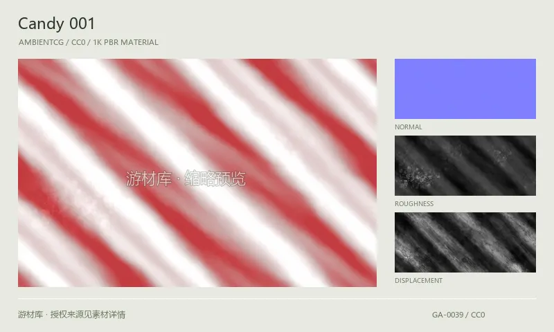 表面材质 · Candy001：表面表面的 1K PBR 贴图集。使用原始材质包中的颜色、法线等贴图，在游戏引擎中按各贴图用途配置。