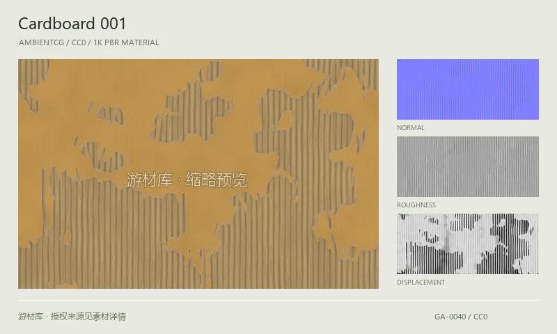 表面材质 · Cardboard001：表面表面的 1K PBR 贴图集。使用原始材质包中的颜色、法线等贴图，在游戏引擎中按各贴图用途配置。