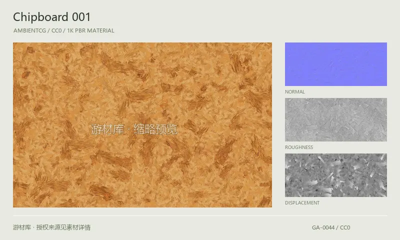 表面材质 · Chipboard001：表面表面的 1K PBR 贴图集。使用原始材质包中的颜色、法线等贴图，在游戏引擎中按各贴图用途配置。