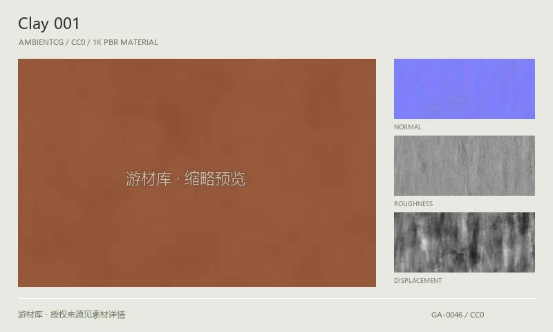 表面材质 · Clay001：表面表面的 1K PBR 贴图集。使用原始材质包中的颜色、法线等贴图，在游戏引擎中按各贴图用途配置。