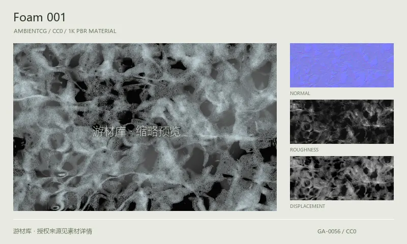 表面材质 · Foam001：表面表面的 1K PBR 贴图集。使用原始材质包中的颜色、法线等贴图，在游戏引擎中按各贴图用途配置。