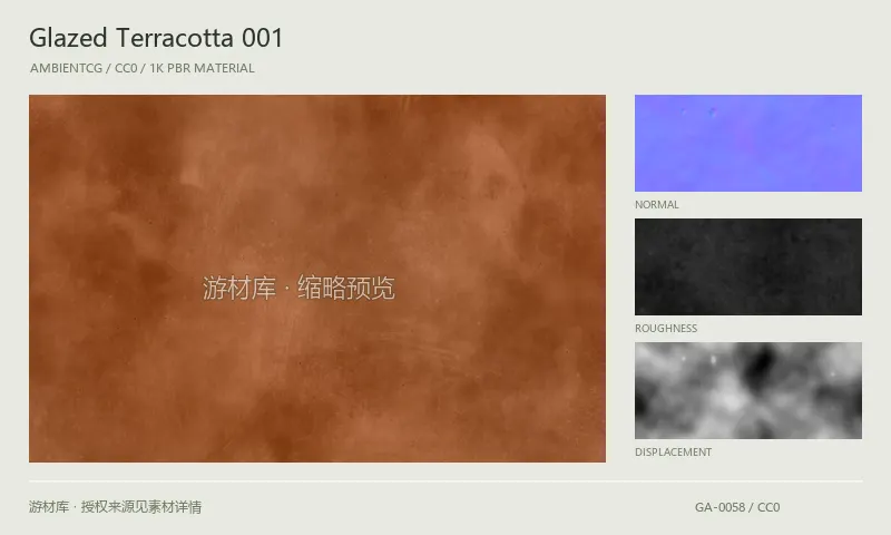 表面材质 · GlazedTerracotta001:表面表面的 1K PBR 贴图集。使用原始材质包中的颜色、法线等贴图,在游戏引擎中按各贴图用途配置。
