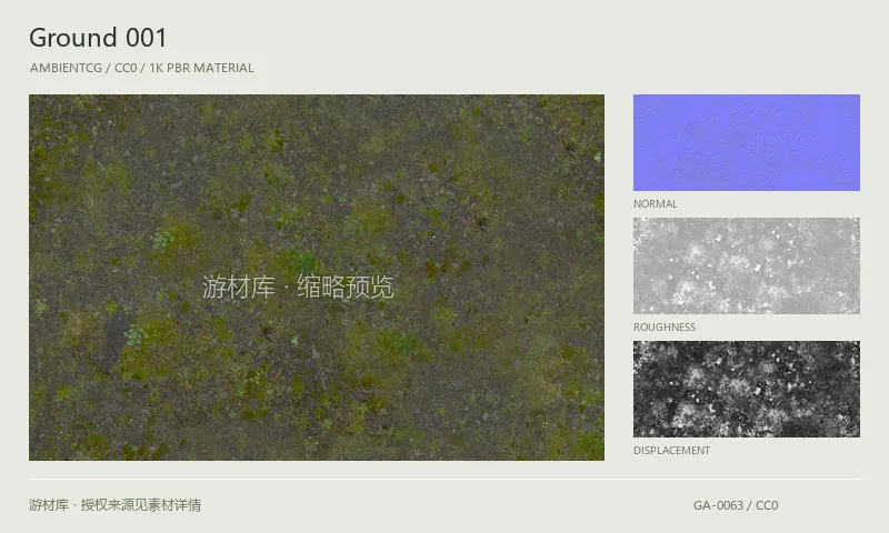 地面材质 · Ground001：地面表面的 1K PBR 贴图集。使用原始材质包中的颜色、法线等贴图，在游戏引擎中按各贴图用途配置。