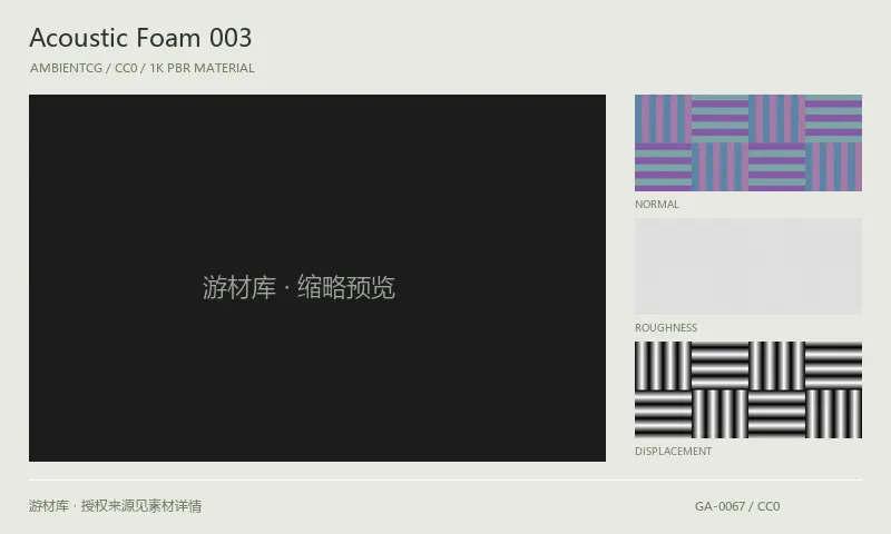 表面材质 · AcousticFoam003：表面表面的 1K PBR 贴图集。使用原始材质包中的颜色、法线等贴图，在游戏引擎中按各贴图用途配置。
