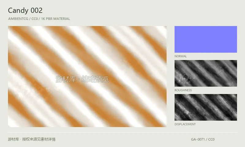 表面材质 · Candy002：表面表面的 1K PBR 贴图集。使用原始材质包中的颜色、法线等贴图，在游戏引擎中按各贴图用途配置。