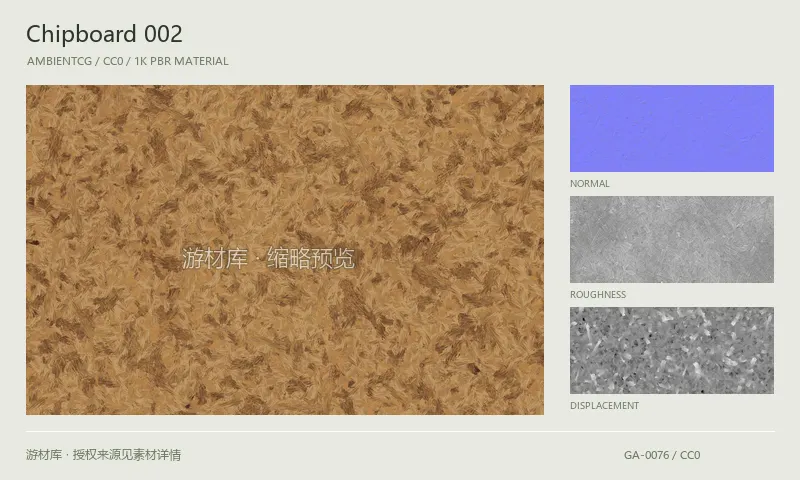表面材质 · Chipboard002：表面表面的 1K PBR 贴图集。使用原始材质包中的颜色、法线等贴图，在游戏引擎中按各贴图用途配置。