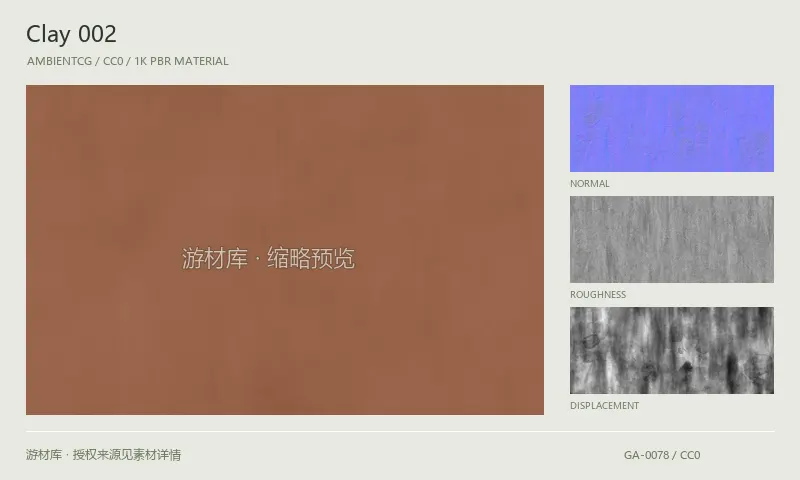 表面材质 · Clay002:表面表面的 1K PBR 贴图集。使用原始材质包中的颜色、法线等贴图,在游戏引擎中按各贴图用途配置。