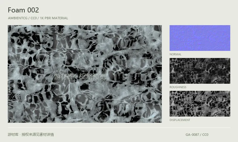 表面材质 · Foam002：表面表面的 1K PBR 贴图集。使用原始材质包中的颜色、法线等贴图，在游戏引擎中按各贴图用途配置。