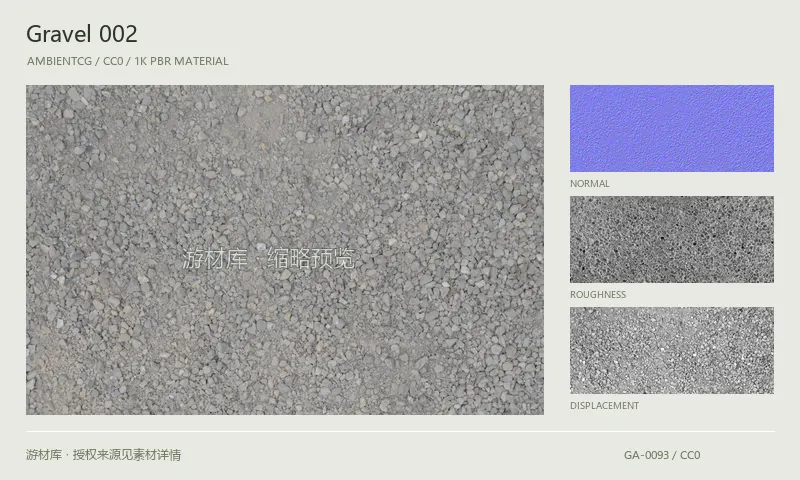 碎石材质 · Gravel002：碎石表面的 1K PBR 贴图集。使用原始材质包中的颜色、法线等贴图，在游戏引擎中按各贴图用途配置。
