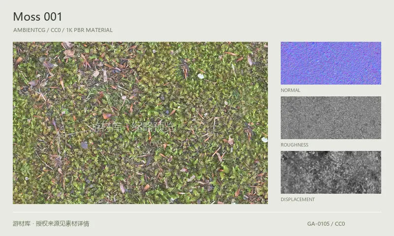 表面材质 · Moss001：表面表面的 1K PBR 贴图集。使用原始材质包中的颜色、法线等贴图，在游戏引擎中按各贴图用途配置。