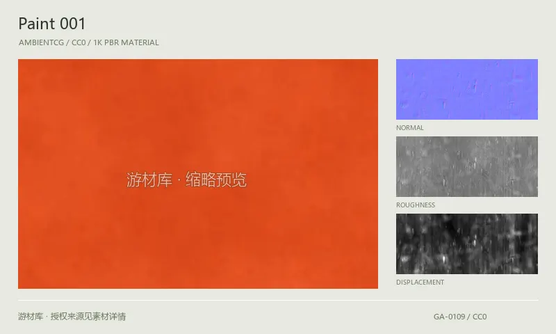 表面材质 · Paint001：表面表面的 1K PBR 贴图集。使用原始材质包中的颜色、法线等贴图，在游戏引擎中按各贴图用途配置。