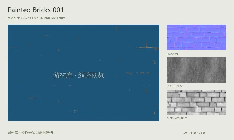 表面材质 · PaintedBricks001：表面表面的 1K PBR 贴图集。使用原始材质包中的颜色、法线等贴图，在游戏引擎中按各贴图用途配置。