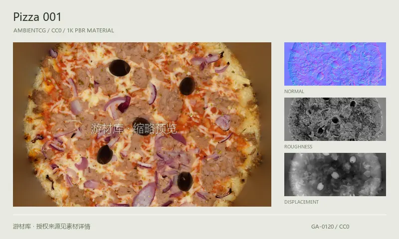 表面材质 · Pizza001：表面表面的 1K PBR 贴图集。使用原始材质包中的颜色、法线等贴图，在游戏引擎中按各贴图用途配置。