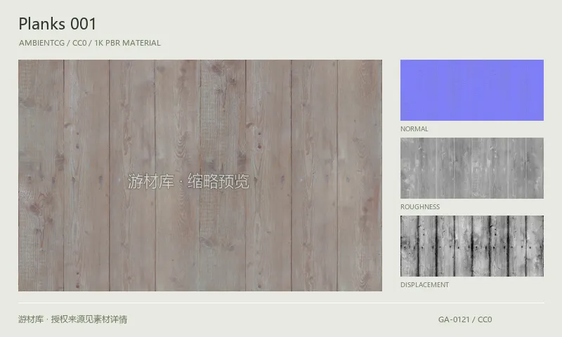 表面材质 · Planks001：表面表面的 1K PBR 贴图集。使用原始材质包中的颜色、法线等贴图，在游戏引擎中按各贴图用途配置。