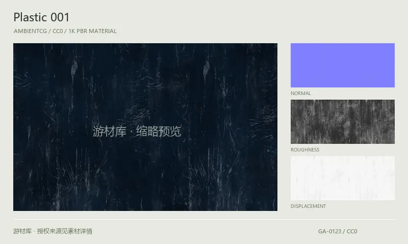 塑料材质 · Plastic001：塑料表面的 1K PBR 贴图集。使用原始材质包中的颜色、法线等贴图，在游戏引擎中按各贴图用途配置。