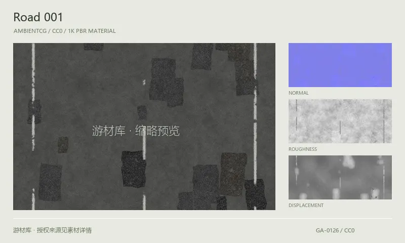 表面材质 · Road001：表面表面的 1K PBR 贴图集。使用原始材质包中的颜色、法线等贴图，在游戏引擎中按各贴图用途配置。