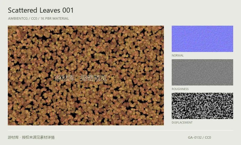 表面材质 · ScatteredLeaves001：表面表面的 1K PBR 贴图集。使用原始材质包中的颜色、法线等贴图，在游戏引擎中按各贴图用途配置。