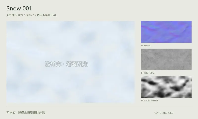 积雪材质 · Snow001：积雪表面的 1K PBR 贴图集。使用原始材质包中的颜色、法线等贴图，在游戏引擎中按各贴图用途配置。