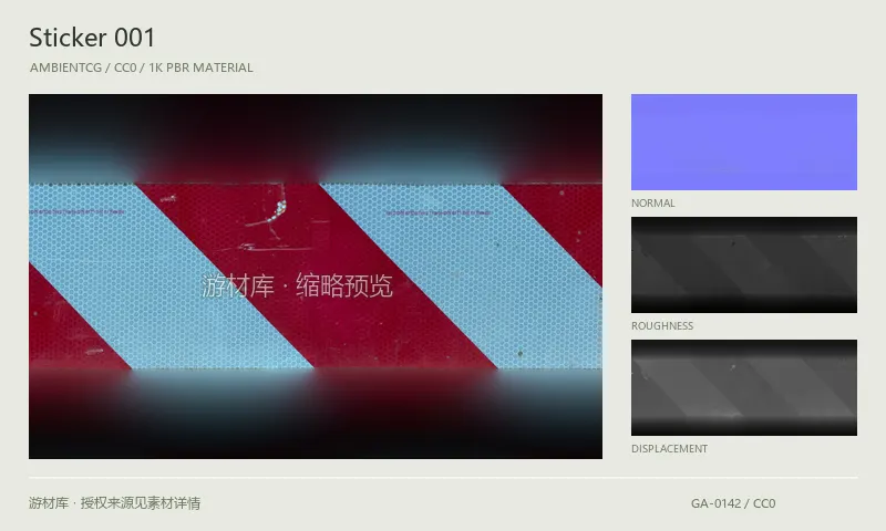 表面材质 · Sticker001：表面表面的 1K PBR 贴图集。使用原始材质包中的颜色、法线等贴图，在游戏引擎中按各贴图用途配置。