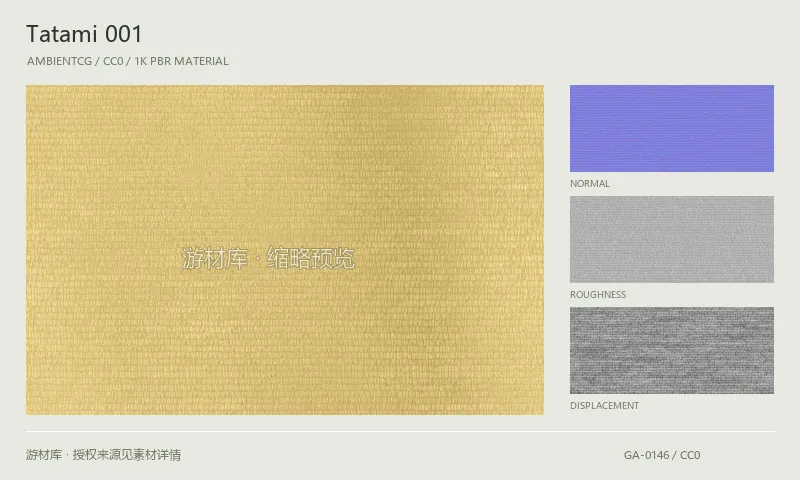 表面材质 · Tatami001：表面表面的 1K PBR 贴图集。使用原始材质包中的颜色、法线等贴图，在游戏引擎中按各贴图用途配置。