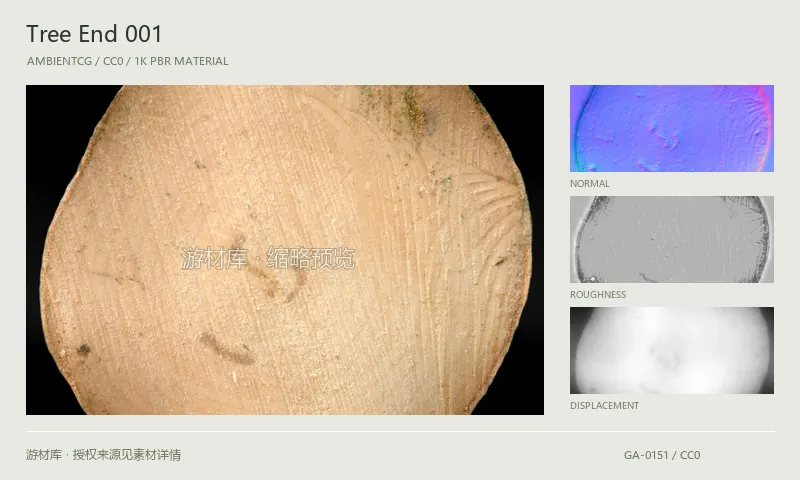表面材质 · TreeEnd001：表面表面的 1K PBR 贴图集。使用原始材质包中的颜色、法线等贴图，在游戏引擎中按各贴图用途配置。