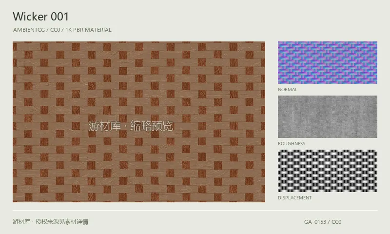 表面材质 · Wicker001：表面表面的 1K PBR 贴图集。使用原始材质包中的颜色、法线等贴图，在游戏引擎中按各贴图用途配置。