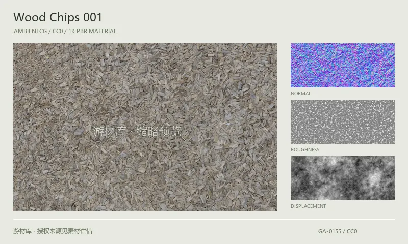 表面材质 · WoodChips001：表面表面的 1K PBR 贴图集。使用原始材质包中的颜色、法线等贴图，在游戏引擎中按各贴图用途配置。