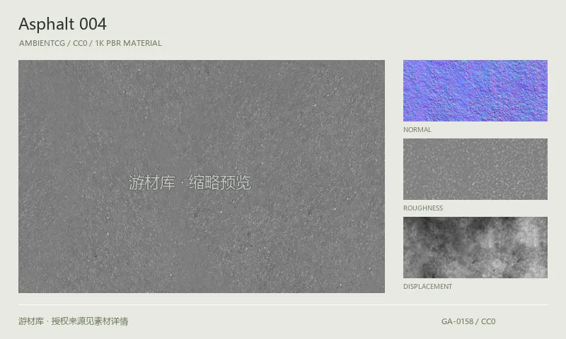 沥青材质 · Asphalt004：沥青表面的 1K PBR 贴图集。使用原始材质包中的颜色、法线等贴图，在游戏引擎中按各贴图用途配置。