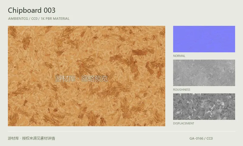 表面材质 · Chipboard003：表面表面的 1K PBR 贴图集。使用原始材质包中的颜色、法线等贴图，在游戏引擎中按各贴图用途配置。