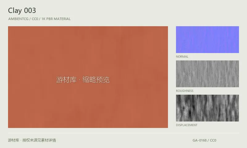 表面材质 · Clay003：表面表面的 1K PBR 贴图集。使用原始材质包中的颜色、法线等贴图，在游戏引擎中按各贴图用途配置。