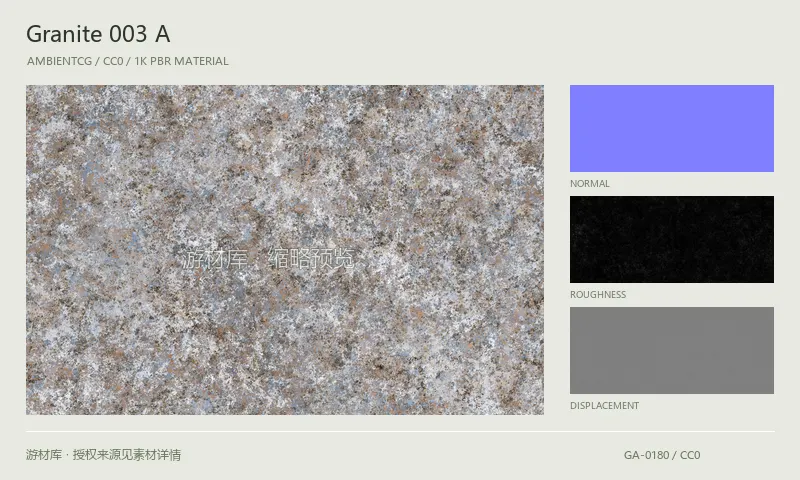 表面材质 · Granite003A：表面表面的 1K PBR 贴图集。使用原始材质包中的颜色、法线等贴图，在游戏引擎中按各贴图用途配置。