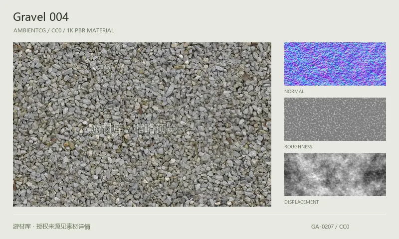 碎石材质 · Gravel004：碎石表面的 1K PBR 贴图集。使用原始材质包中的颜色、法线等贴图，在游戏引擎中按各贴图用途配置。