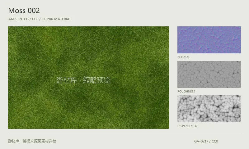 表面材质 · Moss002：表面表面的 1K PBR 贴图集。使用原始材质包中的颜色、法线等贴图，在游戏引擎中按各贴图用途配置。