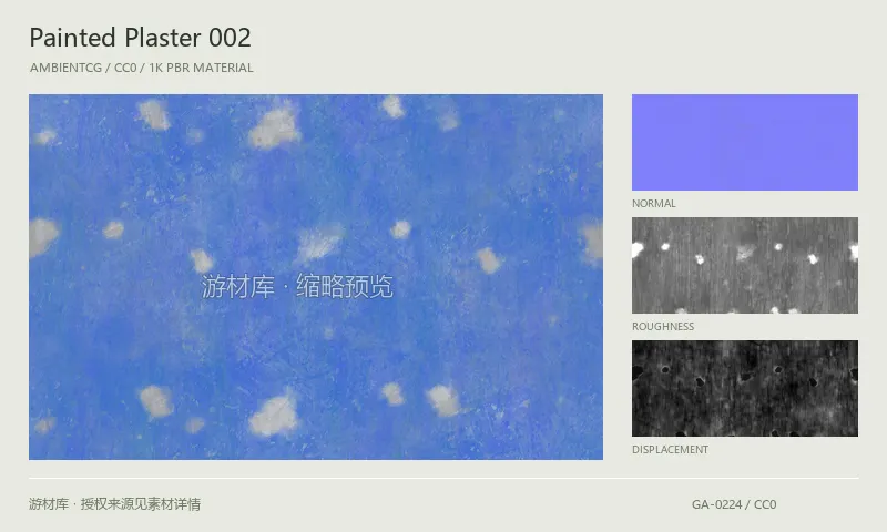 涂漆灰泥材质 · PaintedPlaster002：涂漆灰泥表面的 1K PBR 贴图集。使用原始材质包中的颜色、法线等贴图，在游戏引擎中按各贴图用途配置。