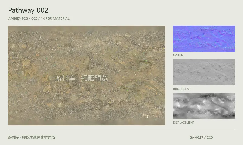 表面材质 · Pathway002：表面表面的 1K PBR 贴图集。使用原始材质包中的颜色、法线等贴图，在游戏引擎中按各贴图用途配置。