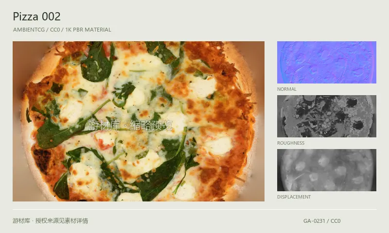 表面材质 · Pizza002：表面表面的 1K PBR 贴图集。使用原始材质包中的颜色、法线等贴图，在游戏引擎中按各贴图用途配置。