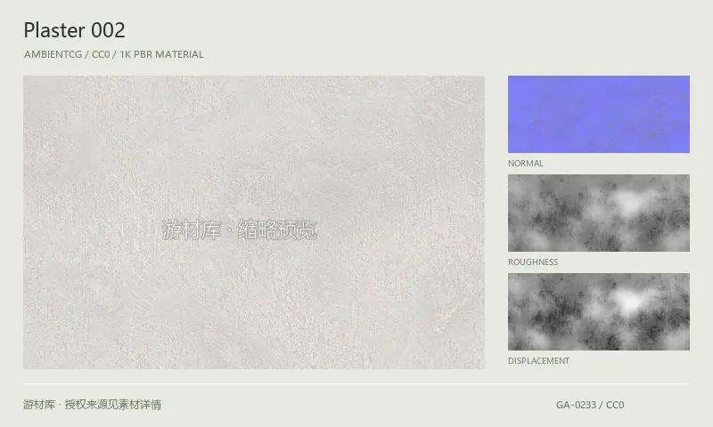 灰泥材质 · Plaster002：灰泥表面的 1K PBR 贴图集。使用原始材质包中的颜色、法线等贴图，在游戏引擎中按各贴图用途配置。