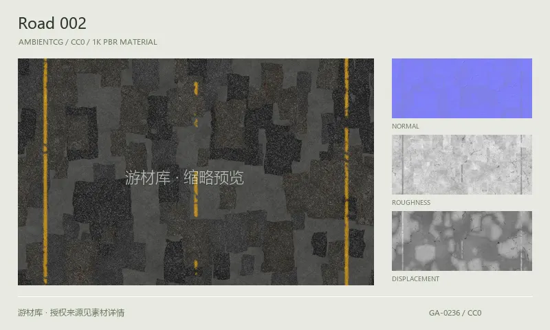 表面材质 · Road002：表面表面的 1K PBR 贴图集。使用原始材质包中的颜色、法线等贴图，在游戏引擎中按各贴图用途配置。