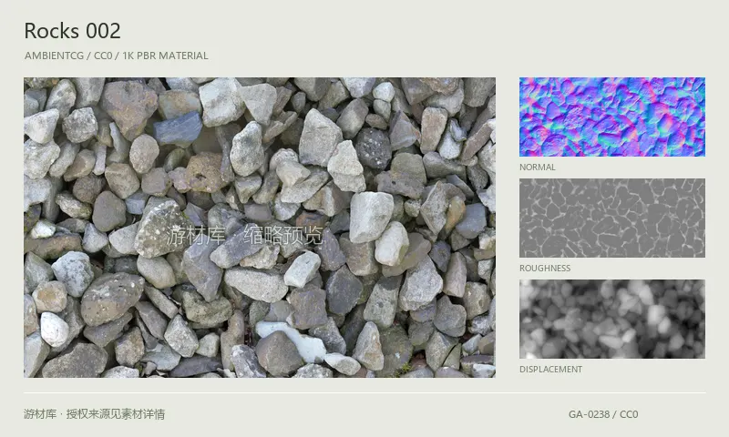 岩石材质 · Rocks002：岩石表面的 1K PBR 贴图集。使用原始材质包中的颜色、法线等贴图，在游戏引擎中按各贴图用途配置。