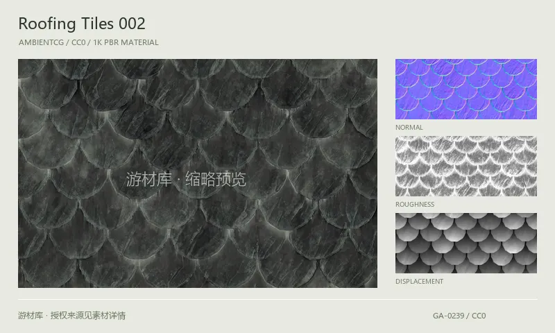 表面材质 · RoofingTiles002：表面表面的 1K PBR 贴图集。使用原始材质包中的颜色、法线等贴图，在游戏引擎中按各贴图用途配置。