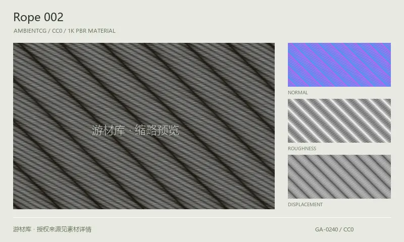 表面材质 · Rope002：表面表面的 1K PBR 贴图集。使用原始材质包中的颜色、法线等贴图，在游戏引擎中按各贴图用途配置。