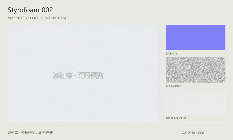 表面材质 · Styrofoam002：表面表面的 1K PBR 贴图集。使用原始材质包中的颜色、法线等贴图，在游戏引擎中按各贴图用途配置。