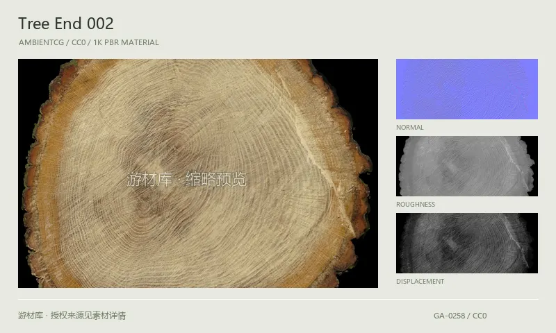 表面材质 · TreeEnd002：表面表面的 1K PBR 贴图集。使用原始材质包中的颜色、法线等贴图，在游戏引擎中按各贴图用途配置。