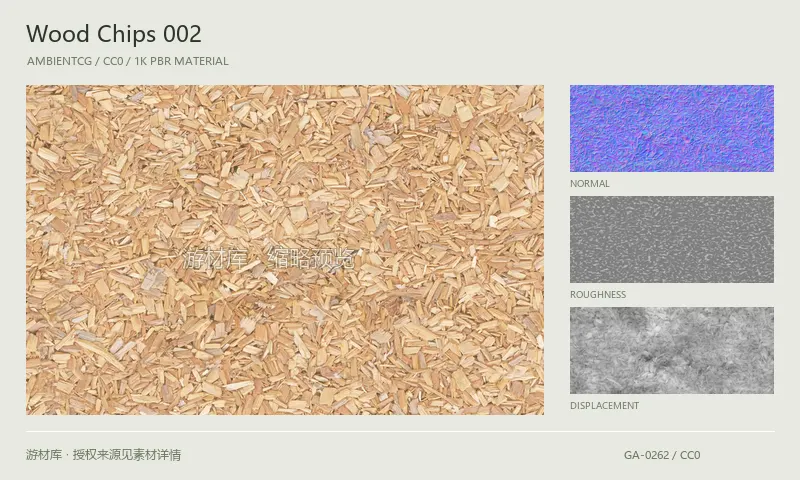 表面材质 · WoodChips002：表面表面的 1K PBR 贴图集。使用原始材质包中的颜色、法线等贴图，在游戏引擎中按各贴图用途配置。