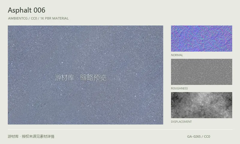 沥青材质 · Asphalt006：沥青表面的 1K PBR 贴图集。使用原始材质包中的颜色、法线等贴图，在游戏引擎中按各贴图用途配置。