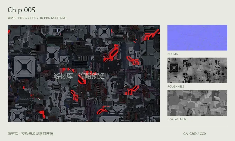 表面材质 · Chip005:表面表面的 1K PBR 贴图集。使用原始材质包中的颜色、法线等贴图,在游戏引擎中按各贴图用途配置。