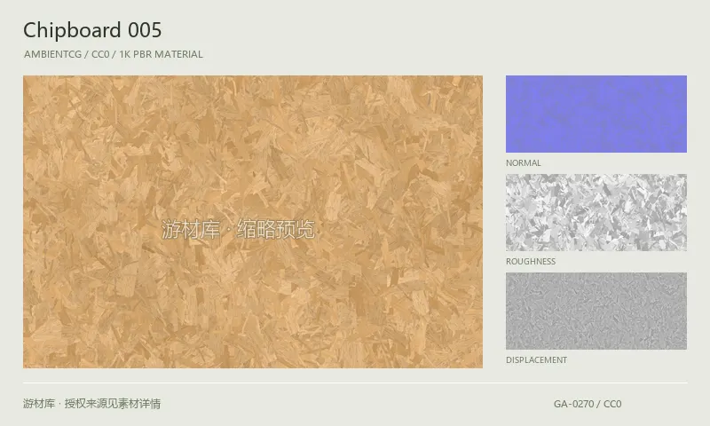 表面材质 · Chipboard005:表面表面的 1K PBR 贴图集。使用原始材质包中的颜色、法线等贴图,在游戏引擎中按各贴图用途配置。