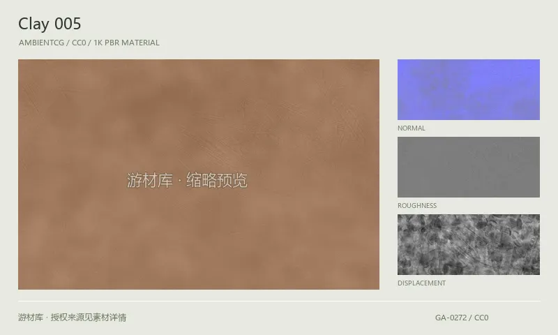 表面材质 · Clay005:表面表面的 1K PBR 贴图集。使用原始材质包中的颜色、法线等贴图,在游戏引擎中按各贴图用途配置。